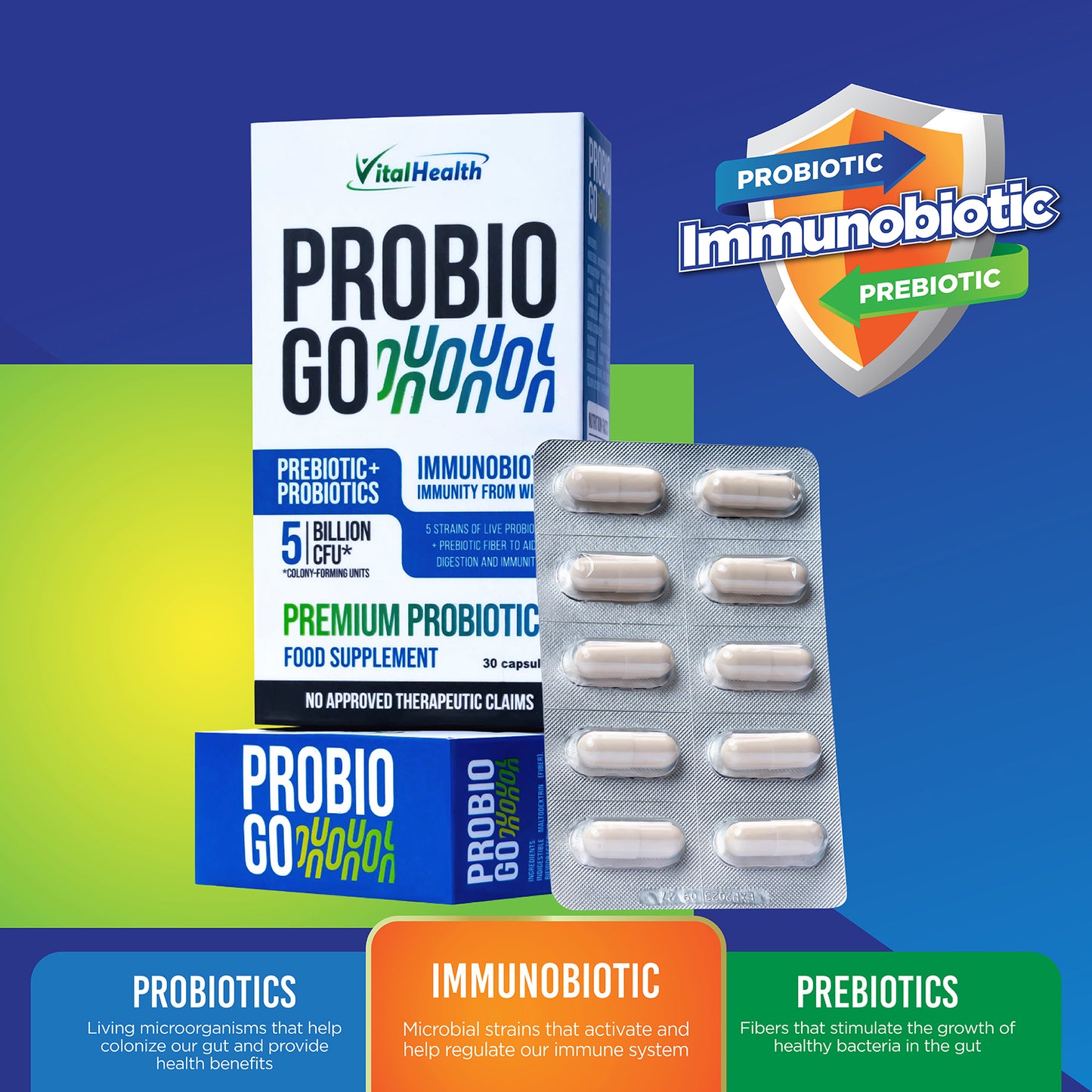 ProbioGo premium probiotic + prebiotic + immunobiotic. Go for better digestion. Go for enhanced immunity. Go for improved energy. Vital Health Philippines